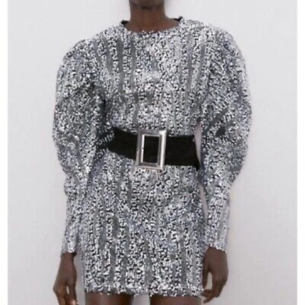 Zara White & Silver💎💎💎 Sequin Belted Mini Dress - Sz Large - NWT SALE - Picture 9 of 11